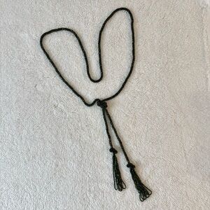 Vintage 1980s 26” Iridescent  Seed Bead Necklace – Black Green Flapper Tassels